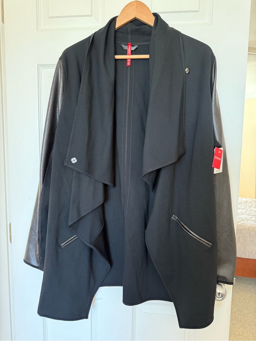 New SPANX Black Draped Open-Front Jacket with Faux Leather Sleeves